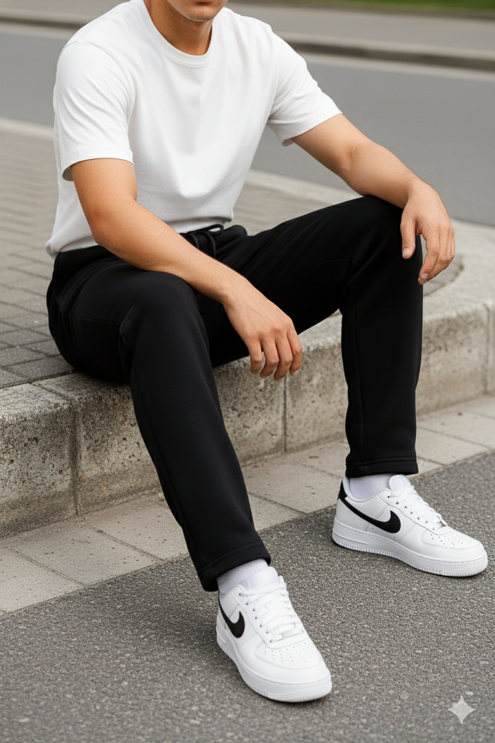 Unisex straight leg track pants elastic waist / jet black