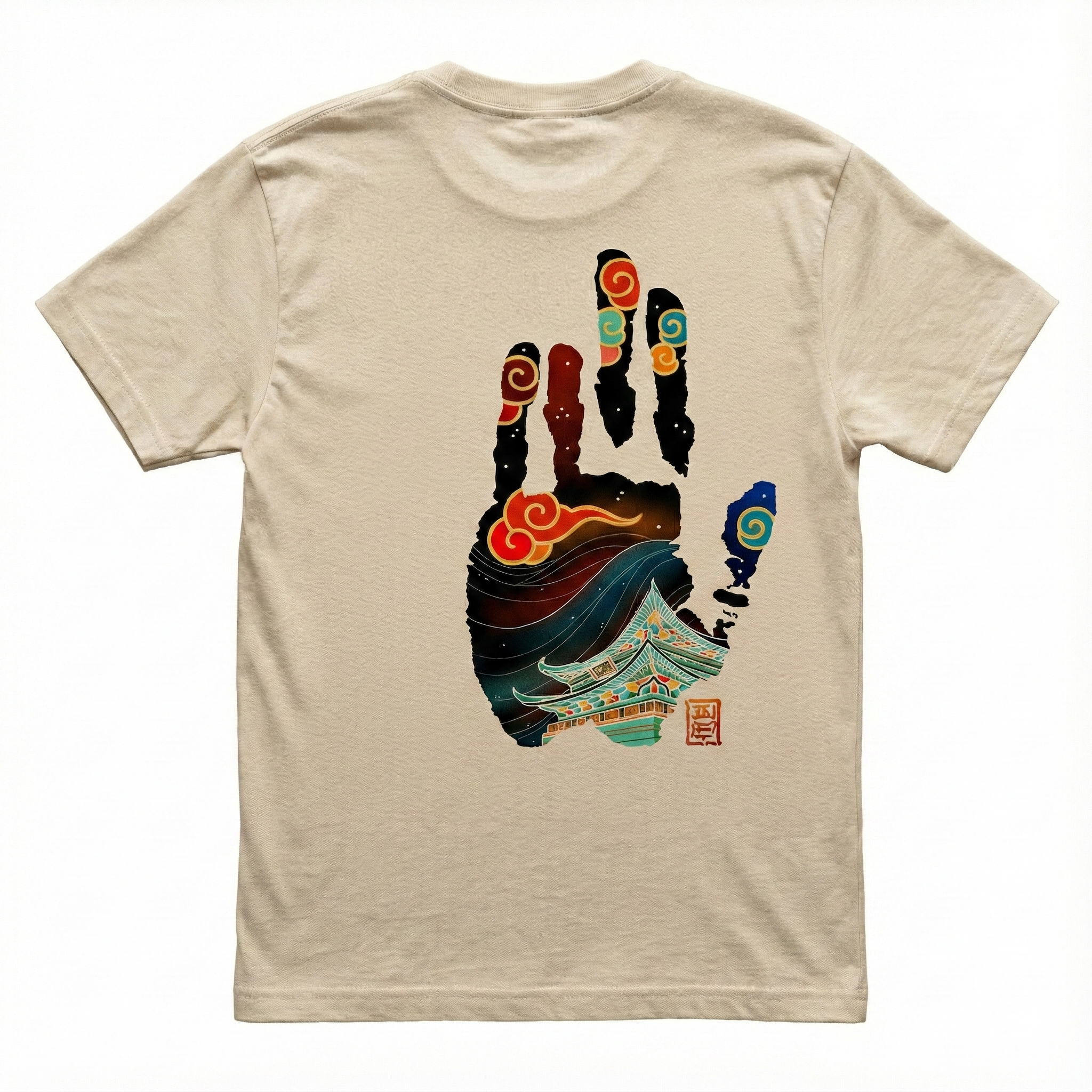 Premium Beige T-Shirt with Stylized Temple & Wave Art