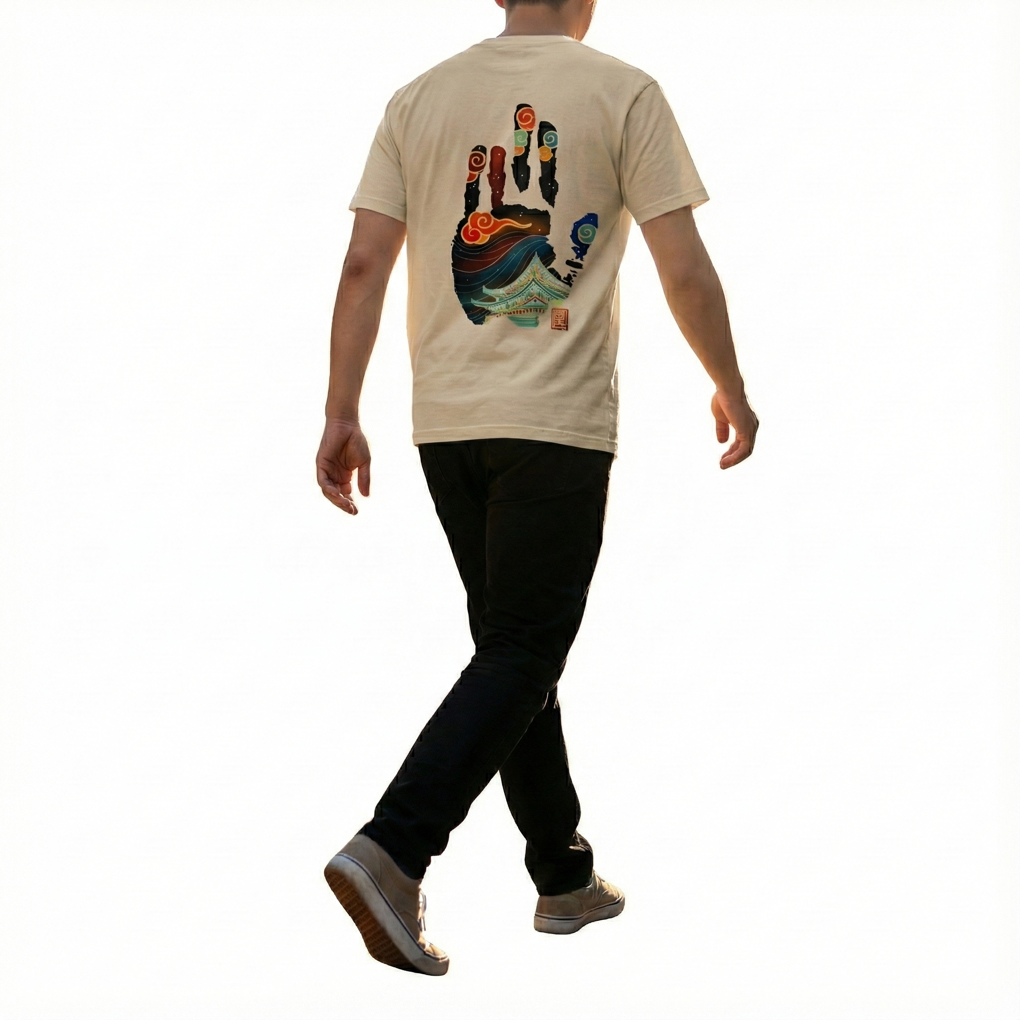 Premium Beige T-Shirt with Stylized Temple & Wave Art