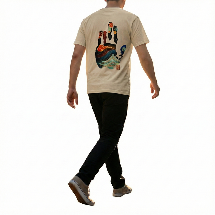 Premium Beige T-Shirt with Stylized Temple & Wave Art