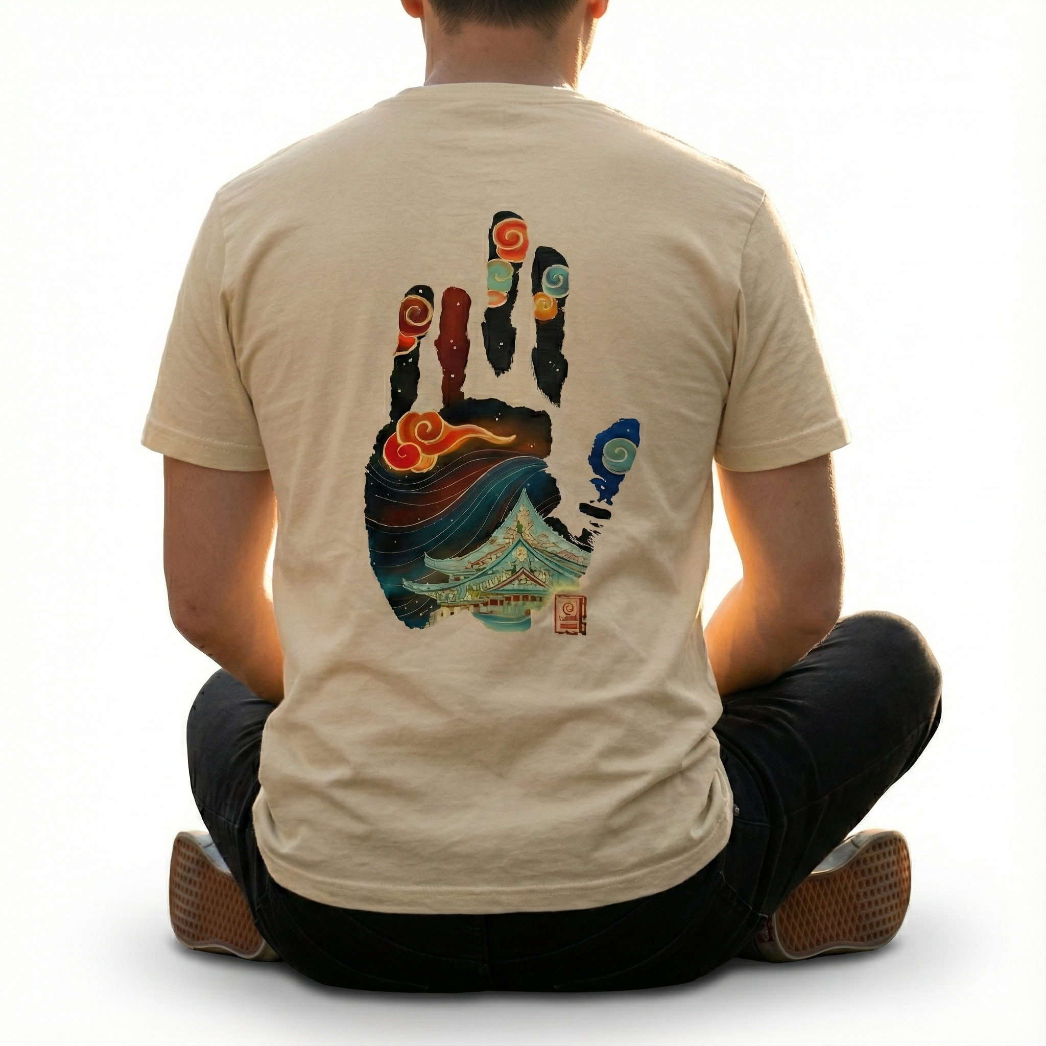 Premium Beige T-Shirt with Stylized Temple & Wave Art