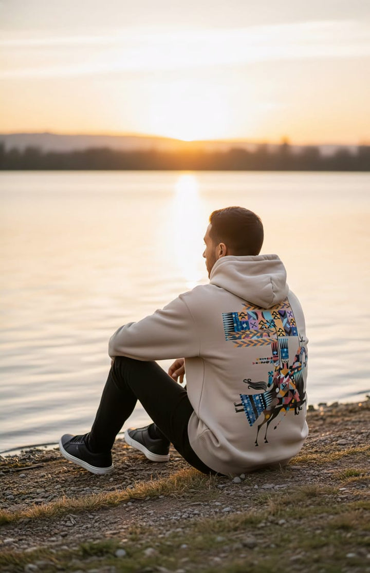 Tribal Art Rider Hoodie – Premium Beige Oversized Hoodie