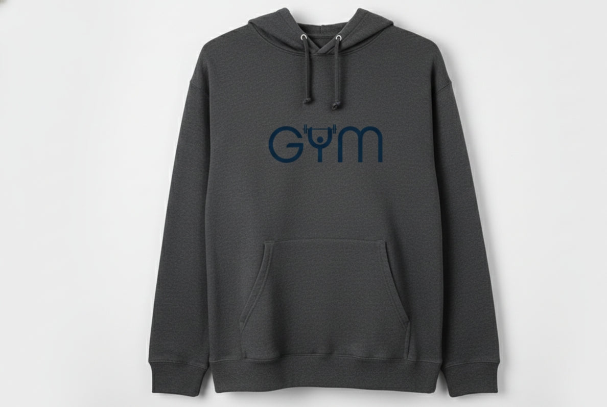Unisex workout pullover with minimalist blue text desgin