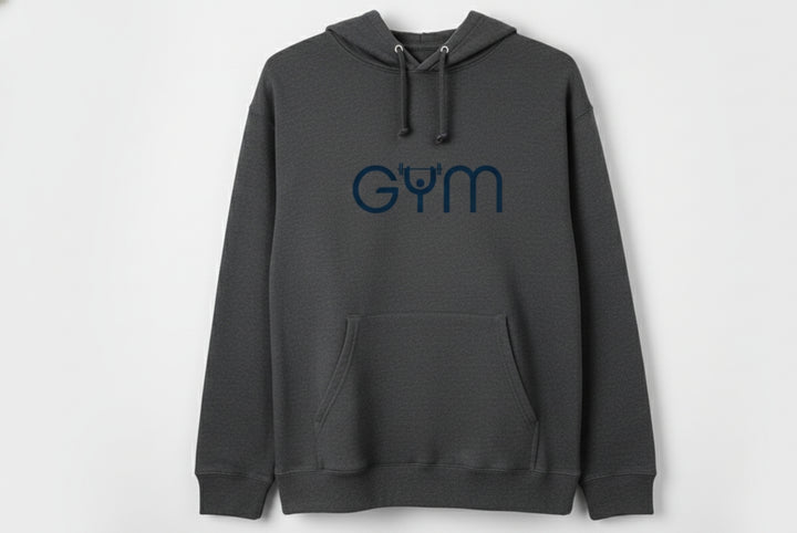 Unisex workout pullover with minimalist blue text desgin