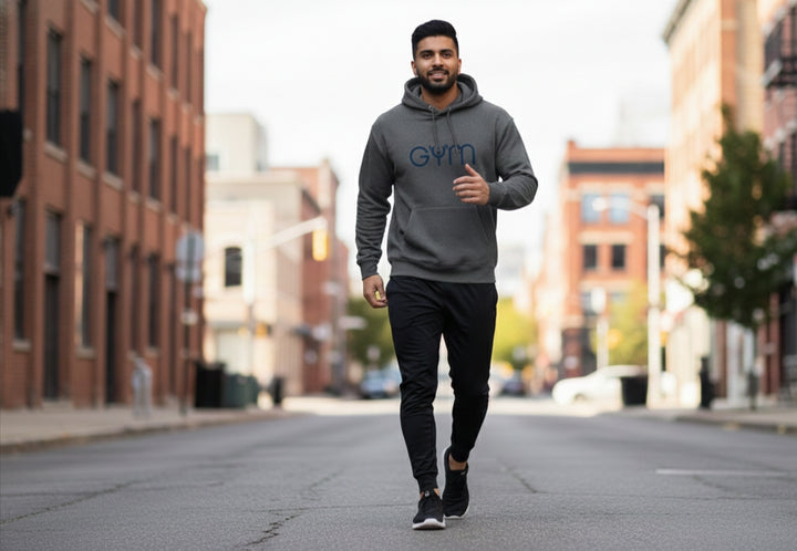 Unisex workout pullover with minimalist blue text desgin