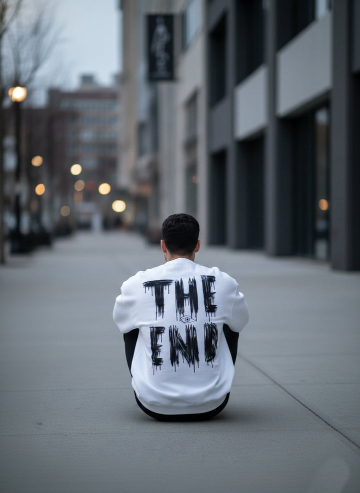 White "The End" graphic back print sweat shirt.