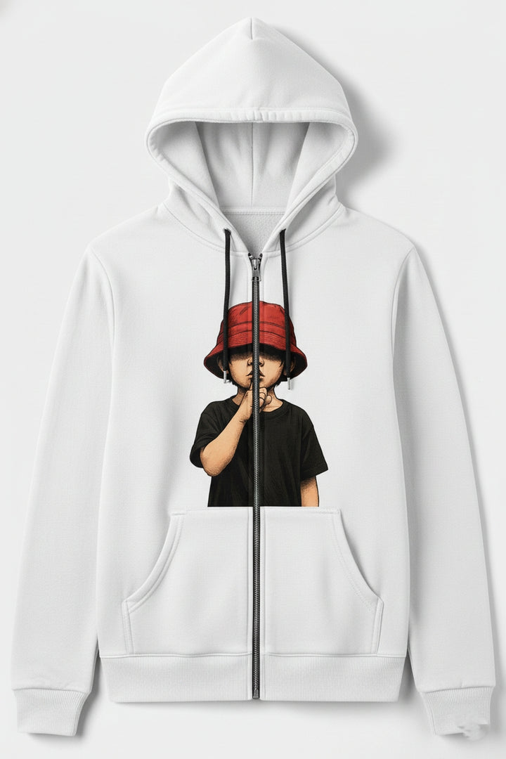 Black Zip-Up Hoodie with "Red bucket Hat"