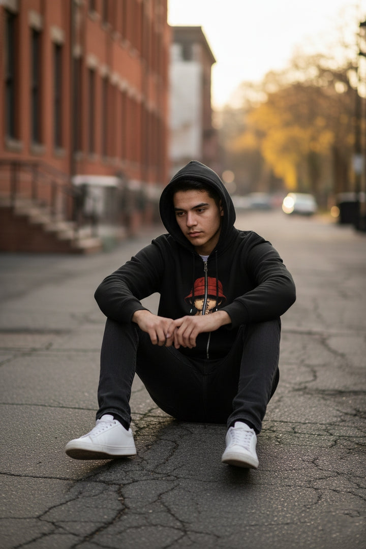 Black Zip-Up Hoodie with "Red bucket Hat"