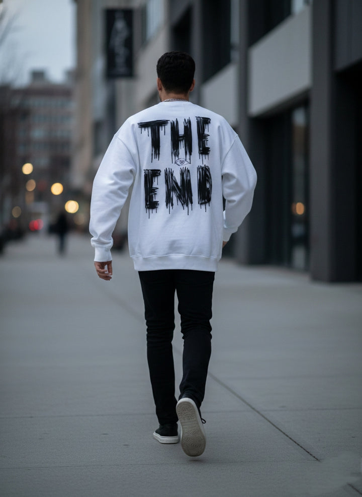 White "The End" graphic back print sweat shirt.