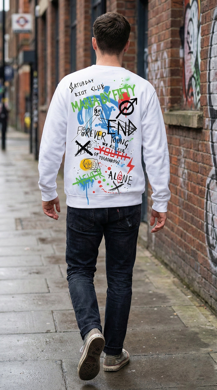 Men's white crewneck sweatshirt with urban graffiti back print .
