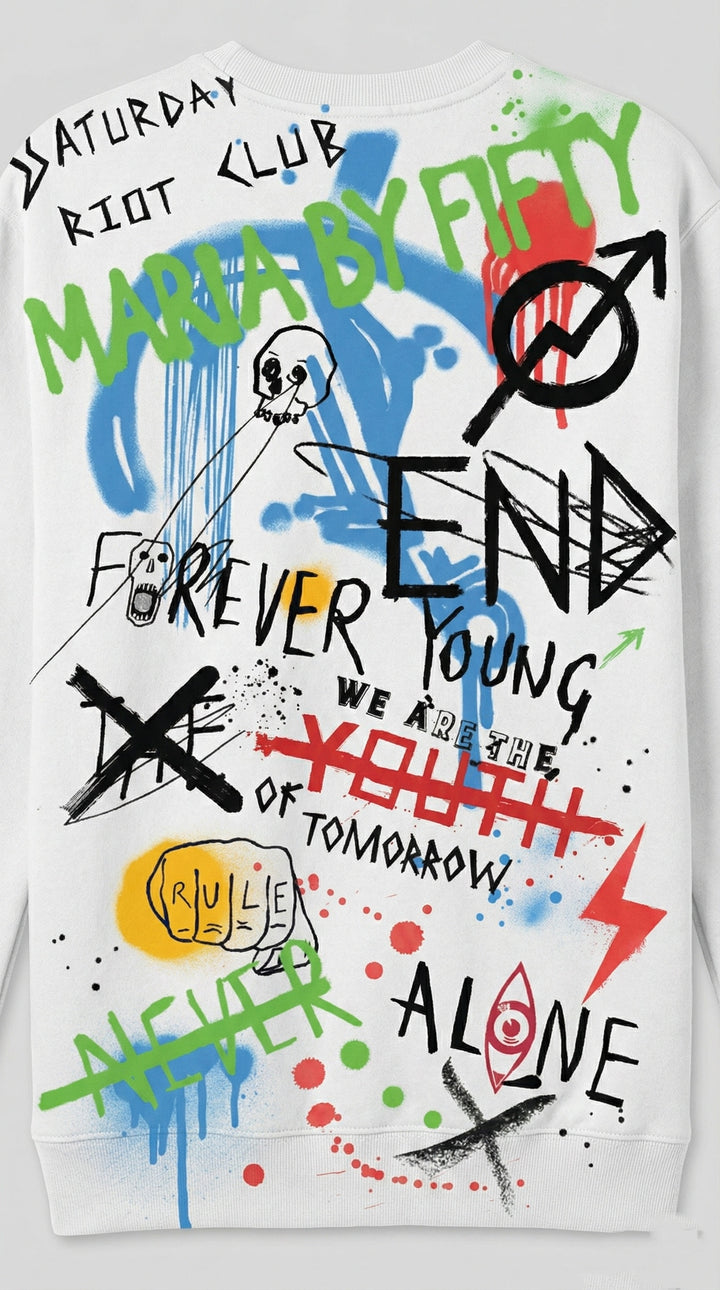 Men's white crewneck sweatshirt with urban graffiti back print .