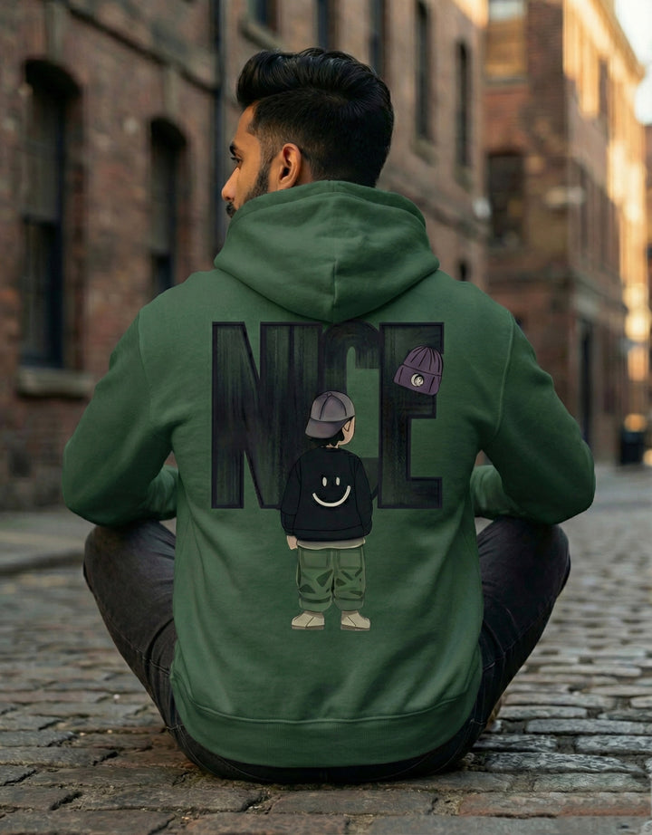 Men's forest green street wear hoodie - "nice" urban back print graphic