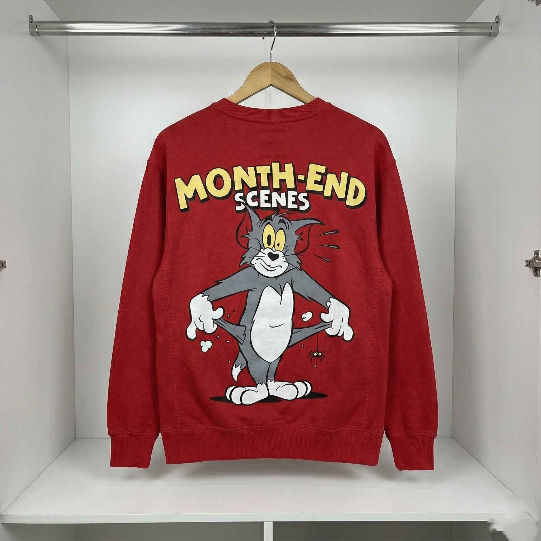 Men's Red Sweatshirt with "Month-End Scenes" Cartoon Graphic
