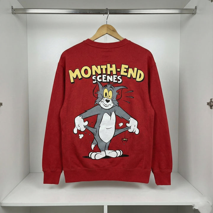 Men's Red Sweatshirt with "Month-End Scenes" Cartoon Graphic
