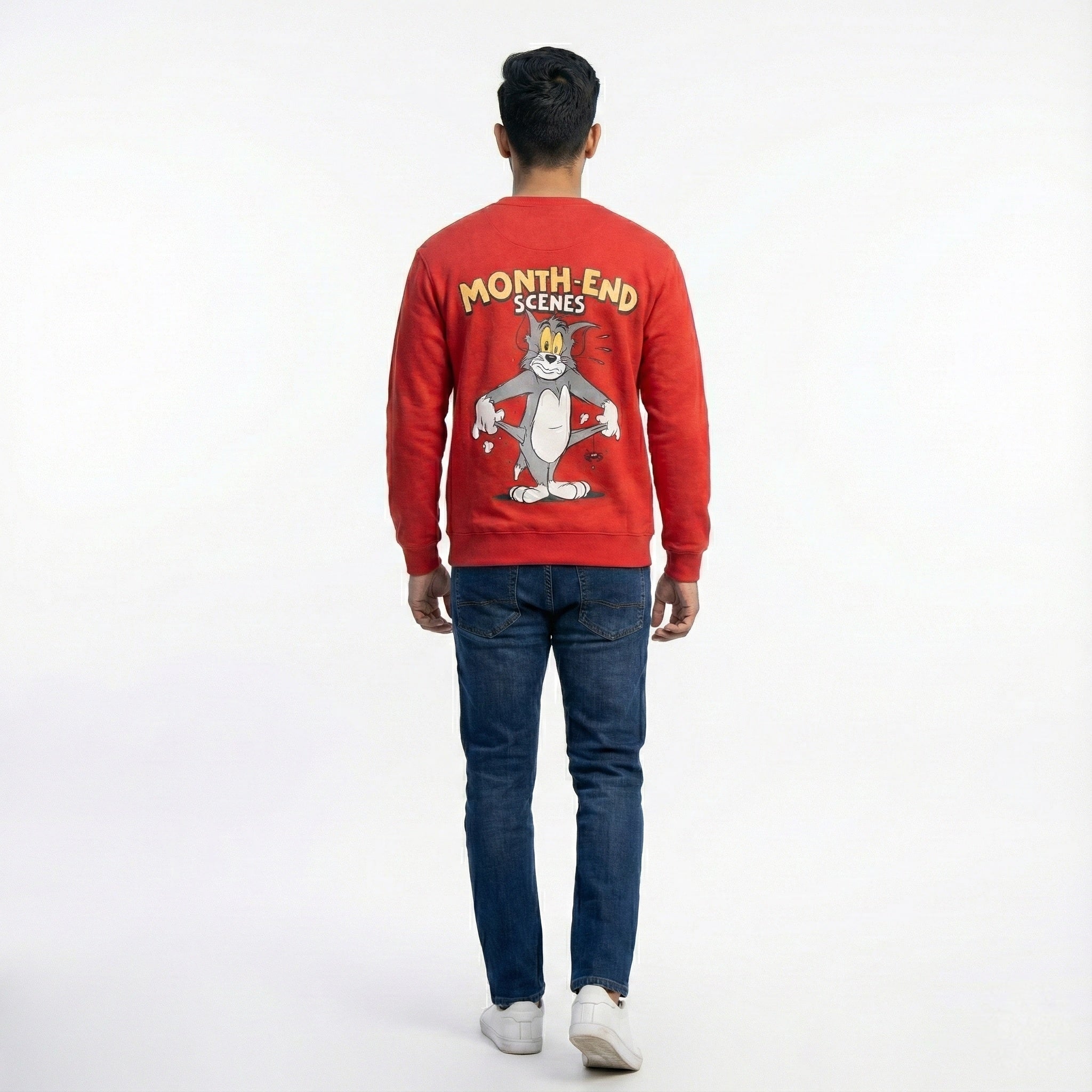 Men's Red Sweatshirt with "Month-End Scenes" Cartoon Graphic