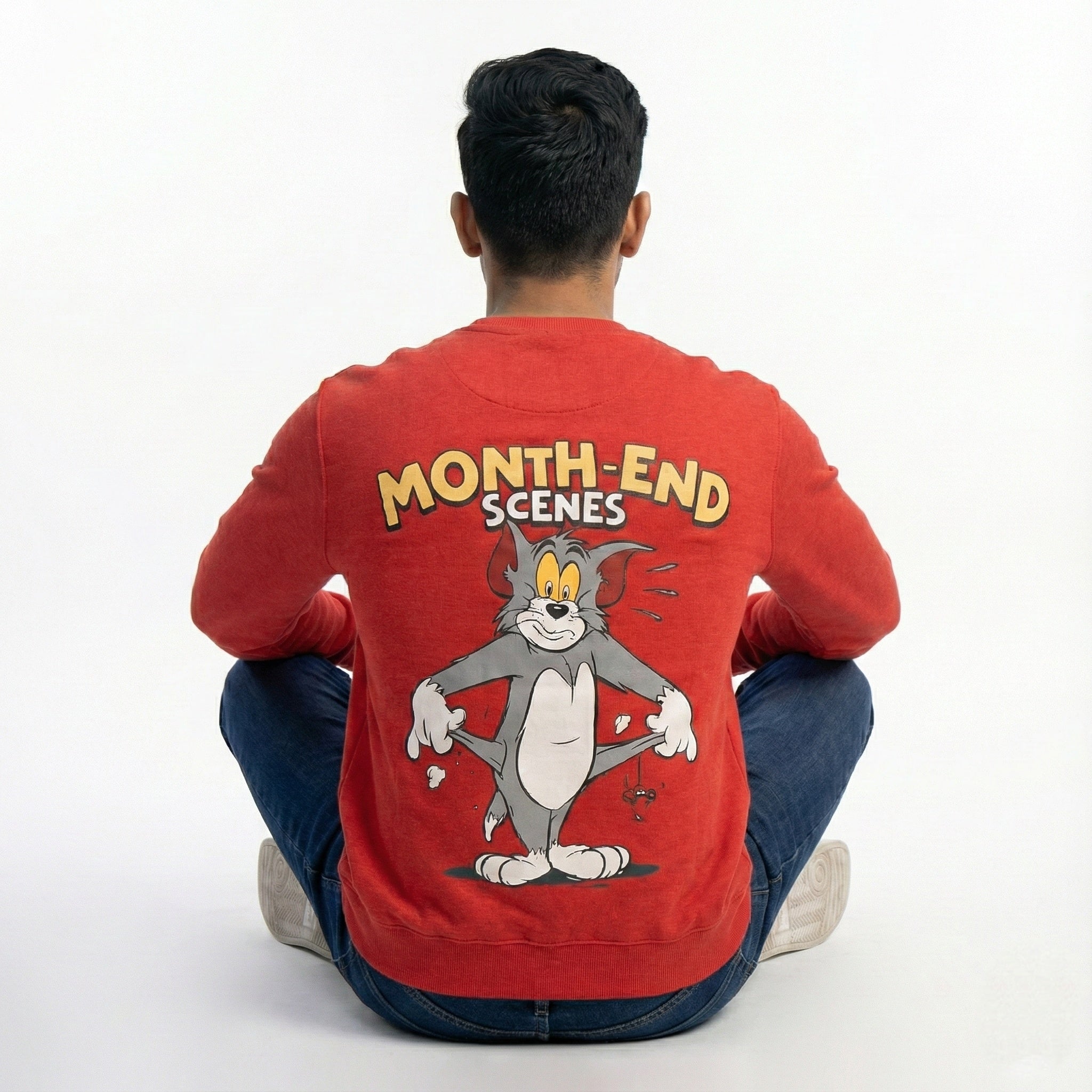 Men's Red Sweatshirt with "Month-End Scenes" Cartoon Graphic