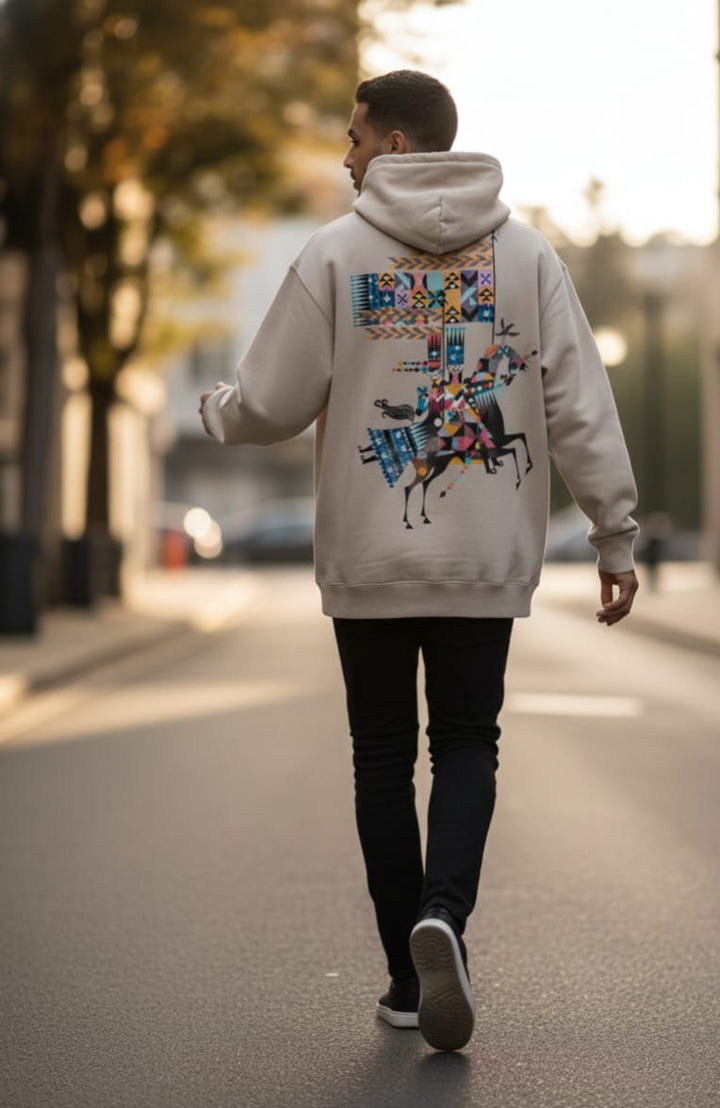 Tribal Art Rider Hoodie – Premium Beige Oversized Hoodie